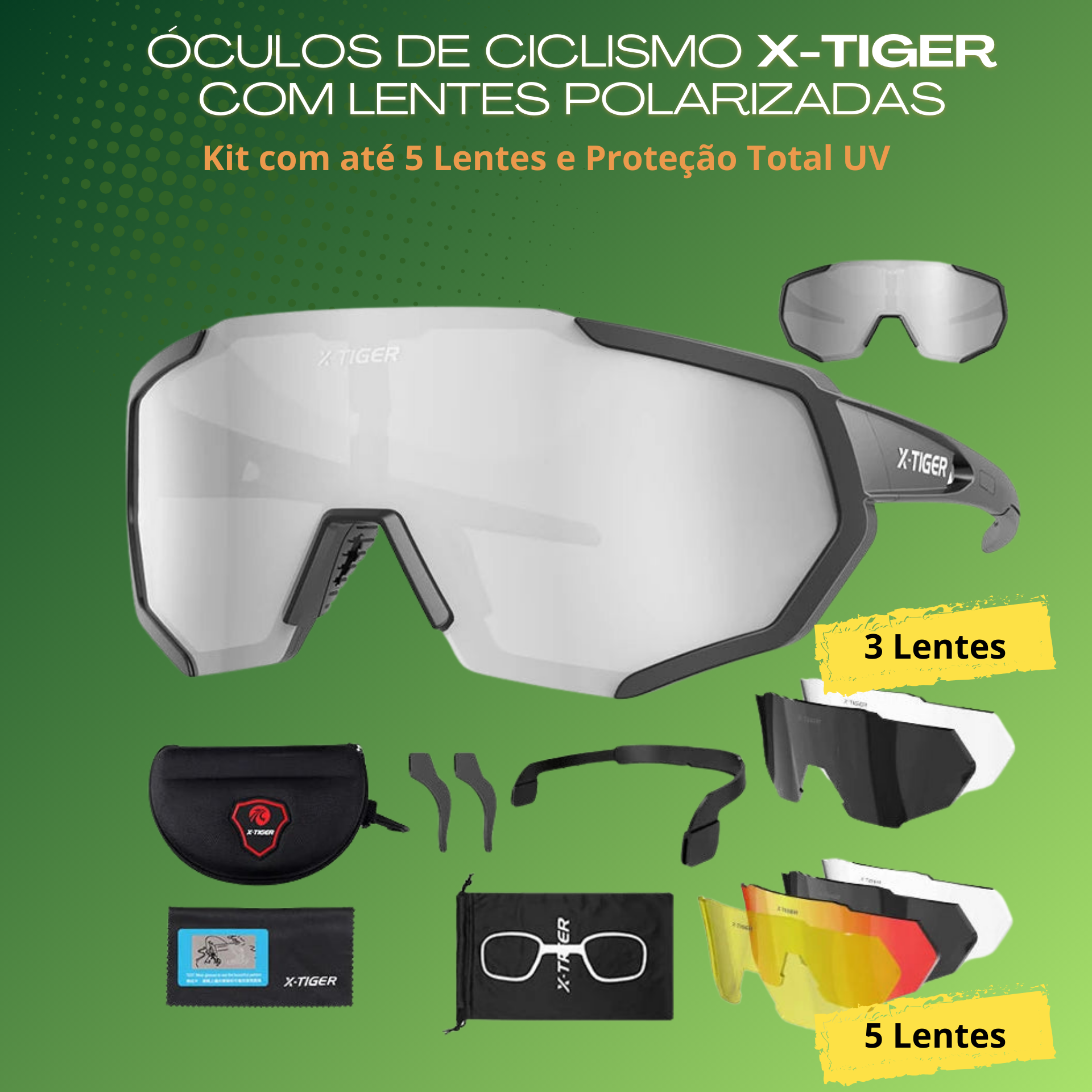 Óculos de Ciclismo X-TIGER com Lentes Polarizadas, Kit com até 5 Lentes e Proteção Total UV - PedalOntop